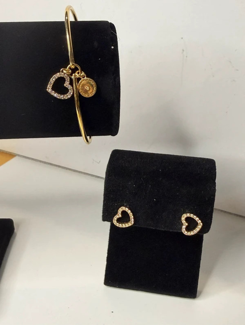 Michael Kors Gold Tone Crystal Heart Charm Bracelet and Heart Stud Earrings Set